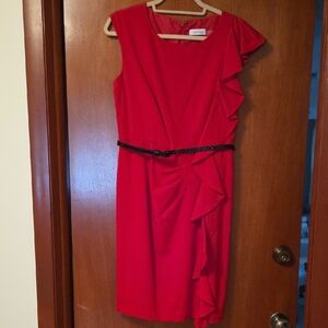 NWOT Calvin Klein Red Ruffle Dress With Black Belt
